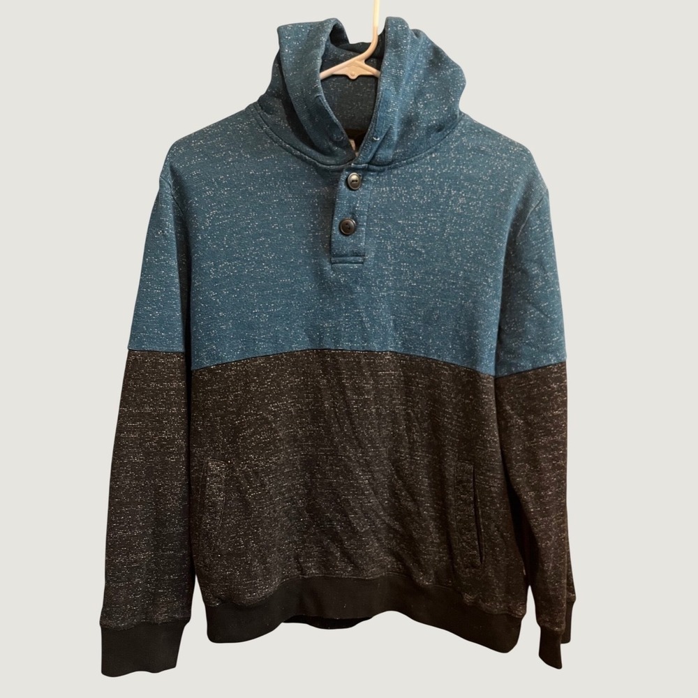 Ocean Current Henley Hoodie Mens XL Blue Black Marled Space Dye Colorblock
